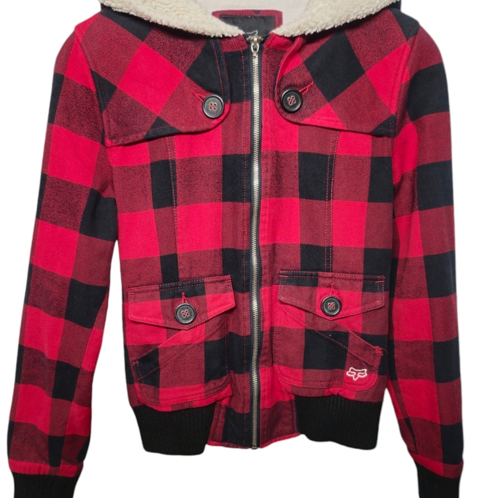 FOX Racing Girls Size Small Red and Black Plaid Faux Sheerling Jacket.